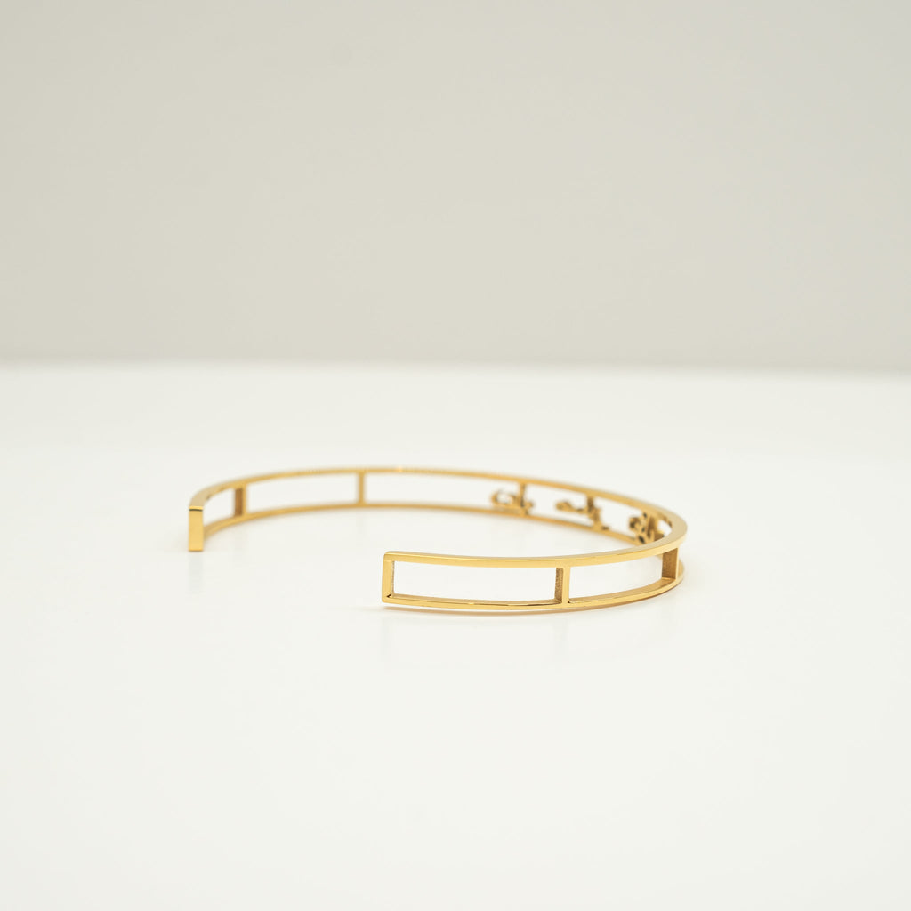 18k gold plated stainless steel  sabr tawakal dua patience,trust in god, dua islamic arabic cuff bracelet by Salaam Gallery, elegant and affordable jewelry