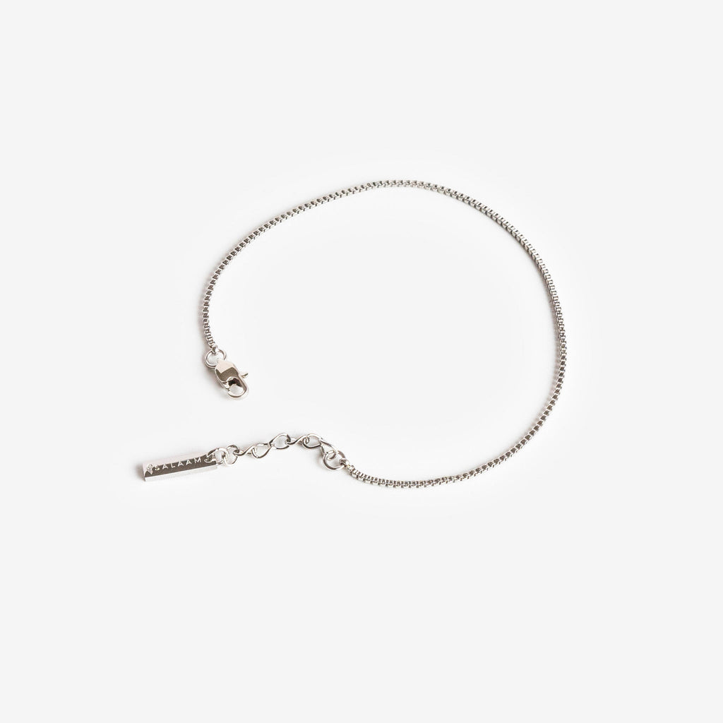 silver stainless steel minimal box chain bracelet by Salaam Gallery, elegant and affordable jewelry	